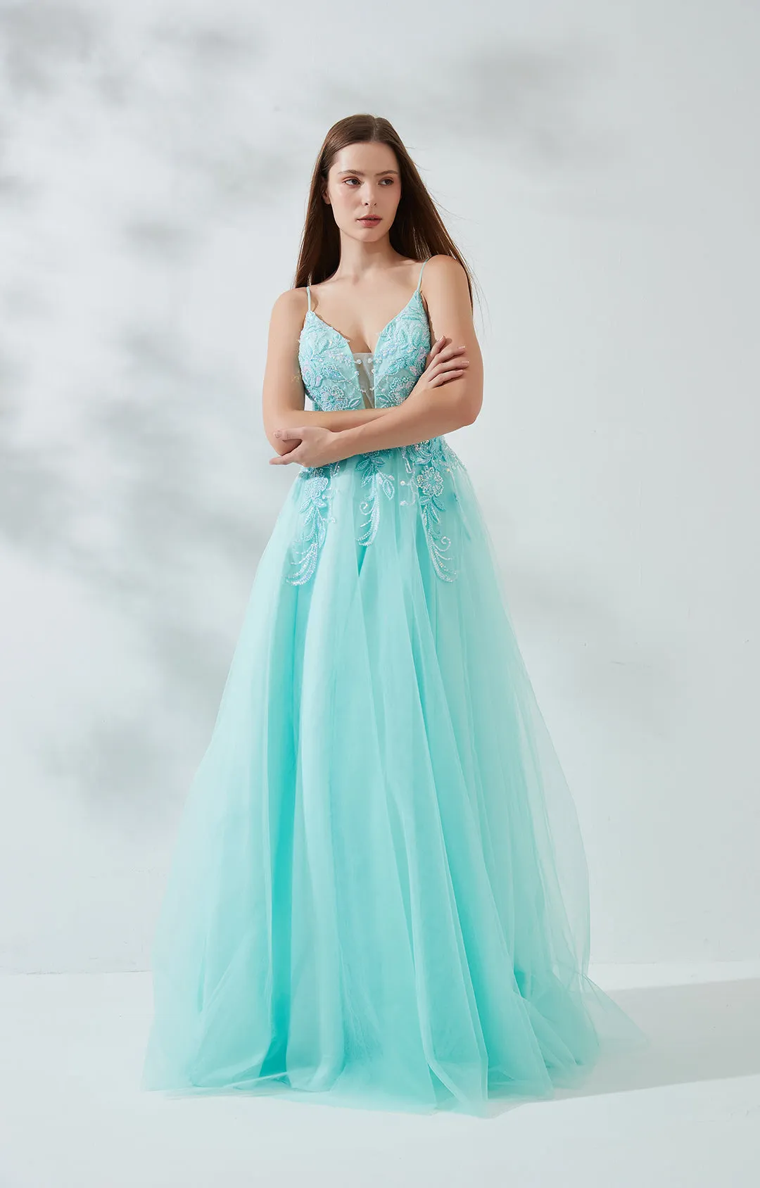 V-Neck Spaghetti Strap Sequin Embroidered Floor Length Prom Dress