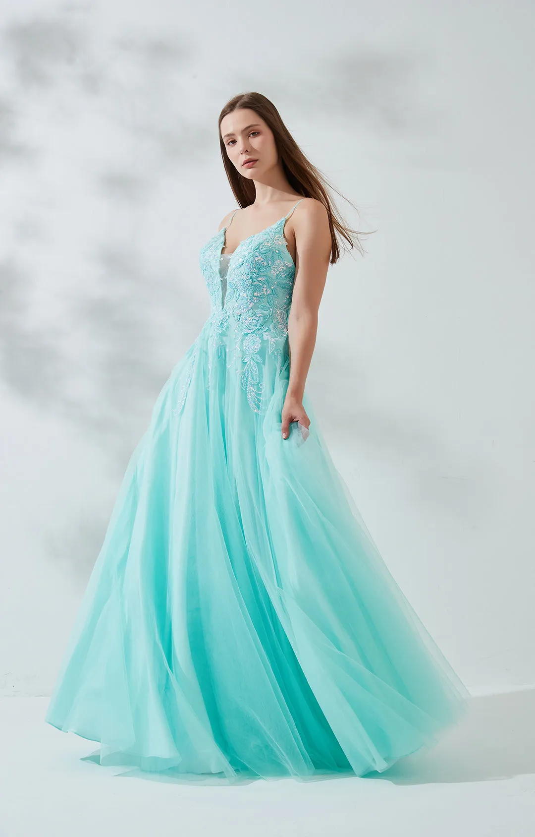 V-Neck Spaghetti Strap Sequin Embroidered Floor Length Prom Dress