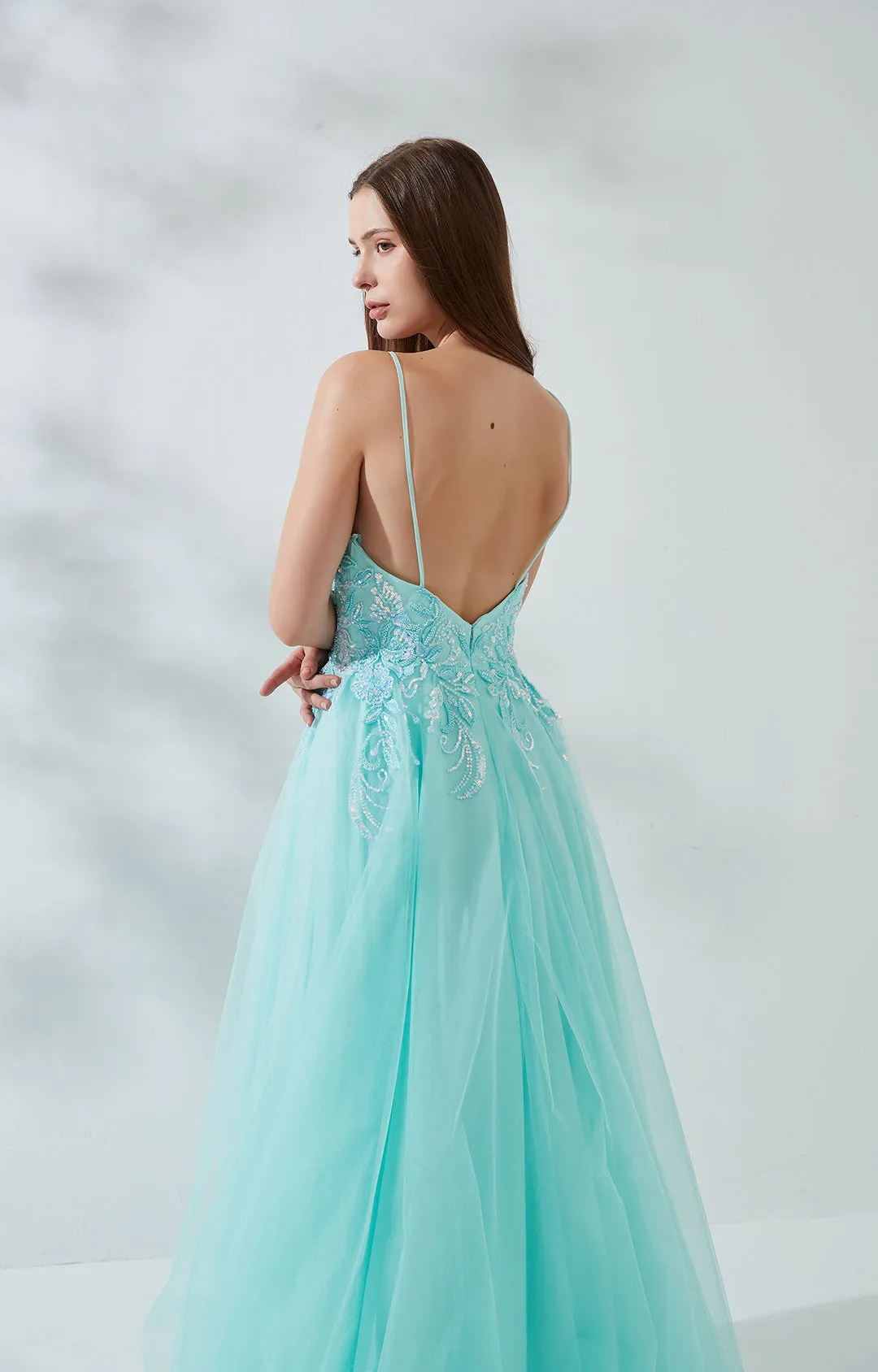 V-Neck Spaghetti Strap Sequin Embroidered Floor Length Prom Dress