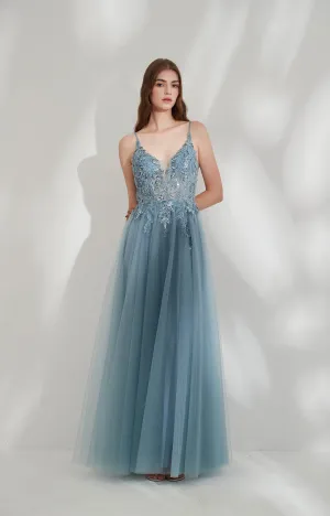 V-Neck Spaghetti Straps Sequin Appliqued Prom Dresses