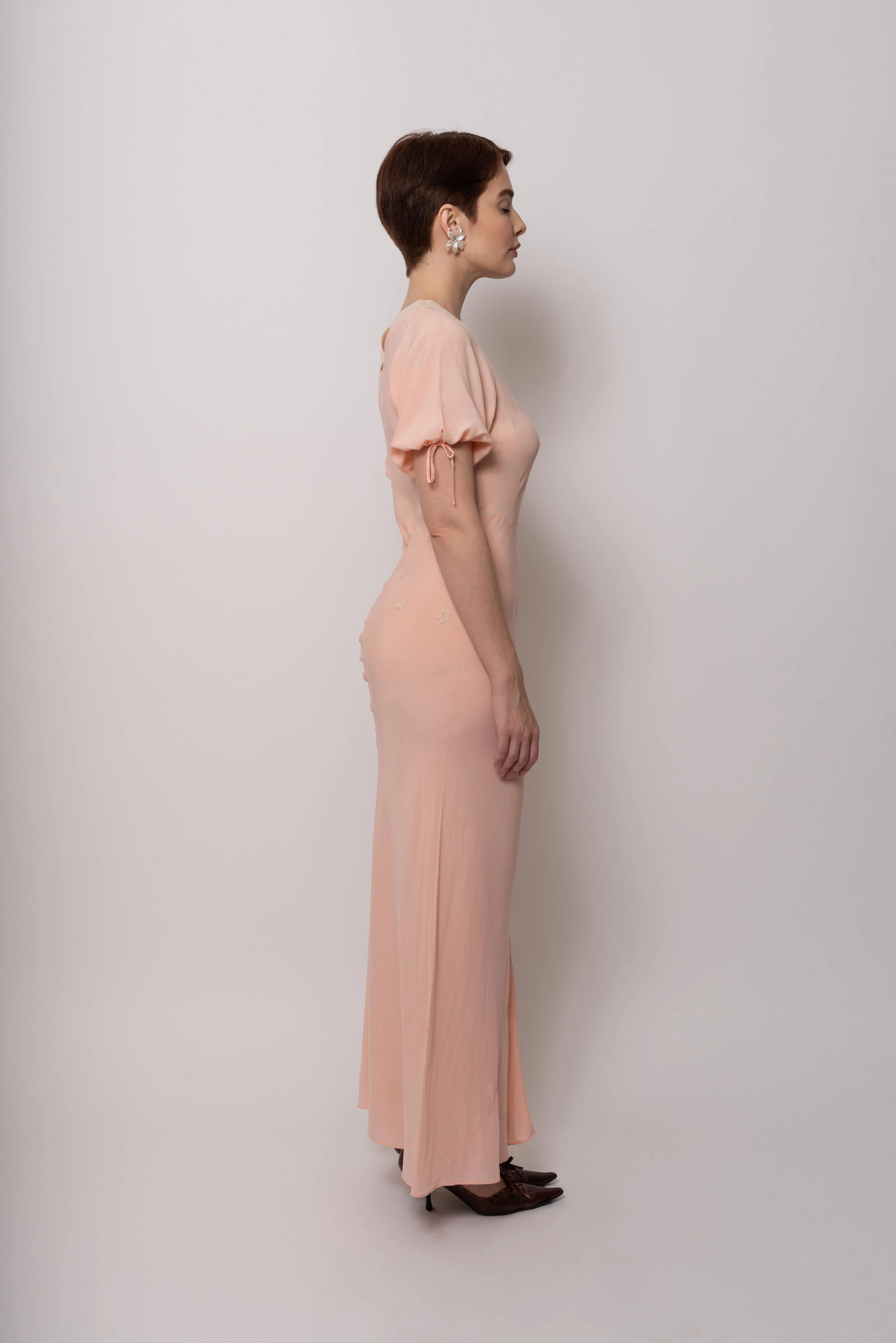 Vintage 1930s Silk Blush Bow Silk Appliqué Maxi Dress