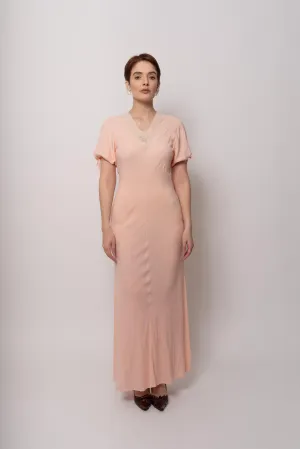 Vintage 1930s Silk Blush Bow Silk Appliqué Maxi Dress