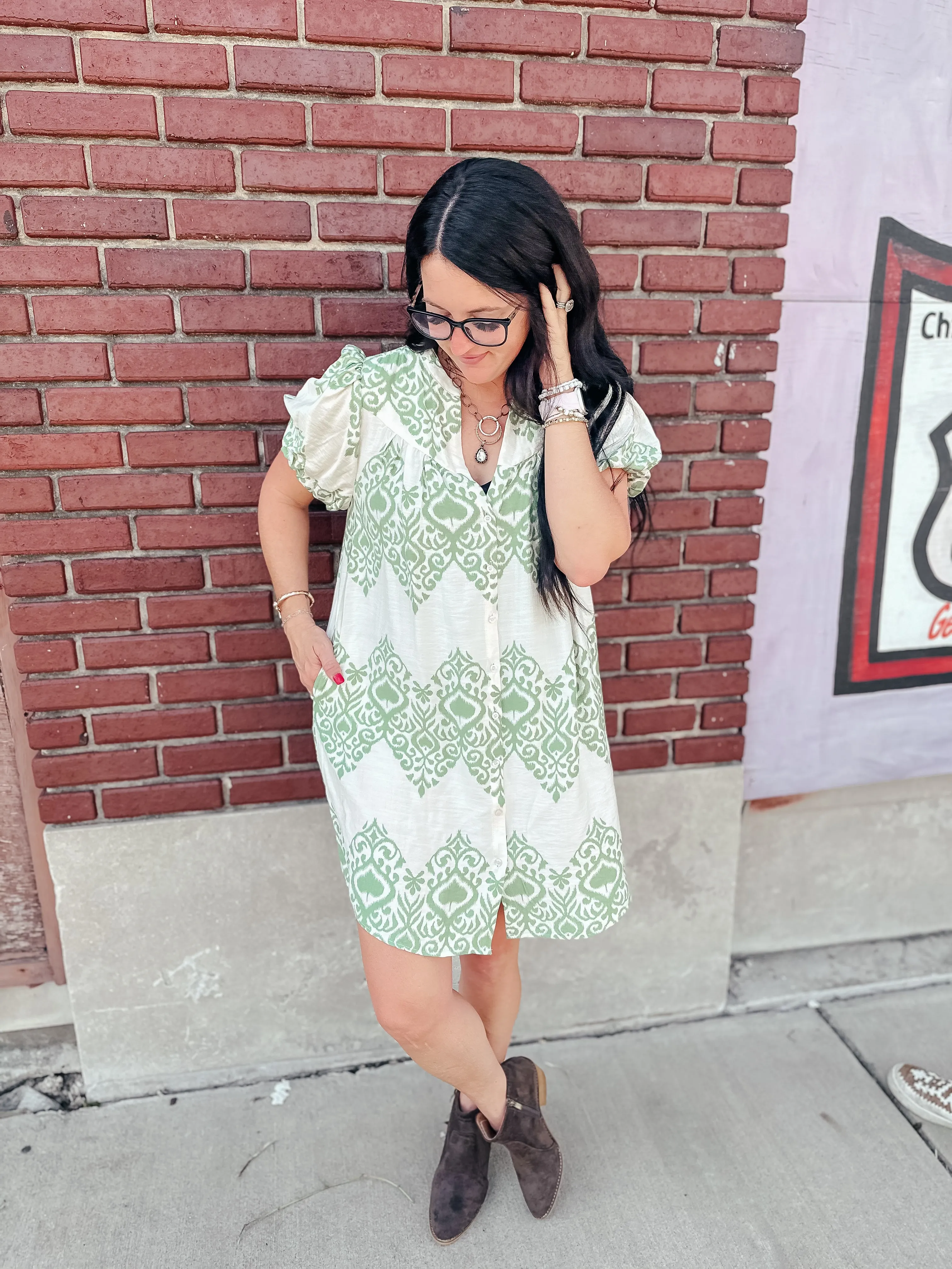 Vivian Green Printed Dress With Pockets