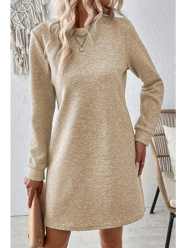 Women Solid Color Textured Long Sleeve Shift Dress