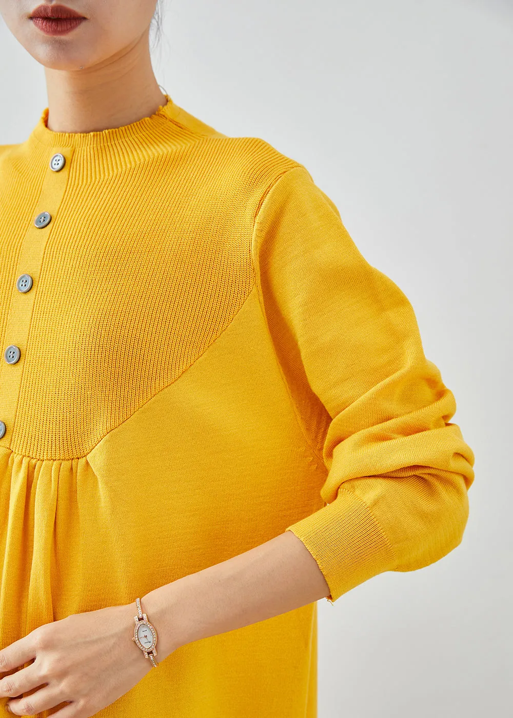 Women Yellow Stand Collar Patchwork Button Knit Sweater Dress Fall