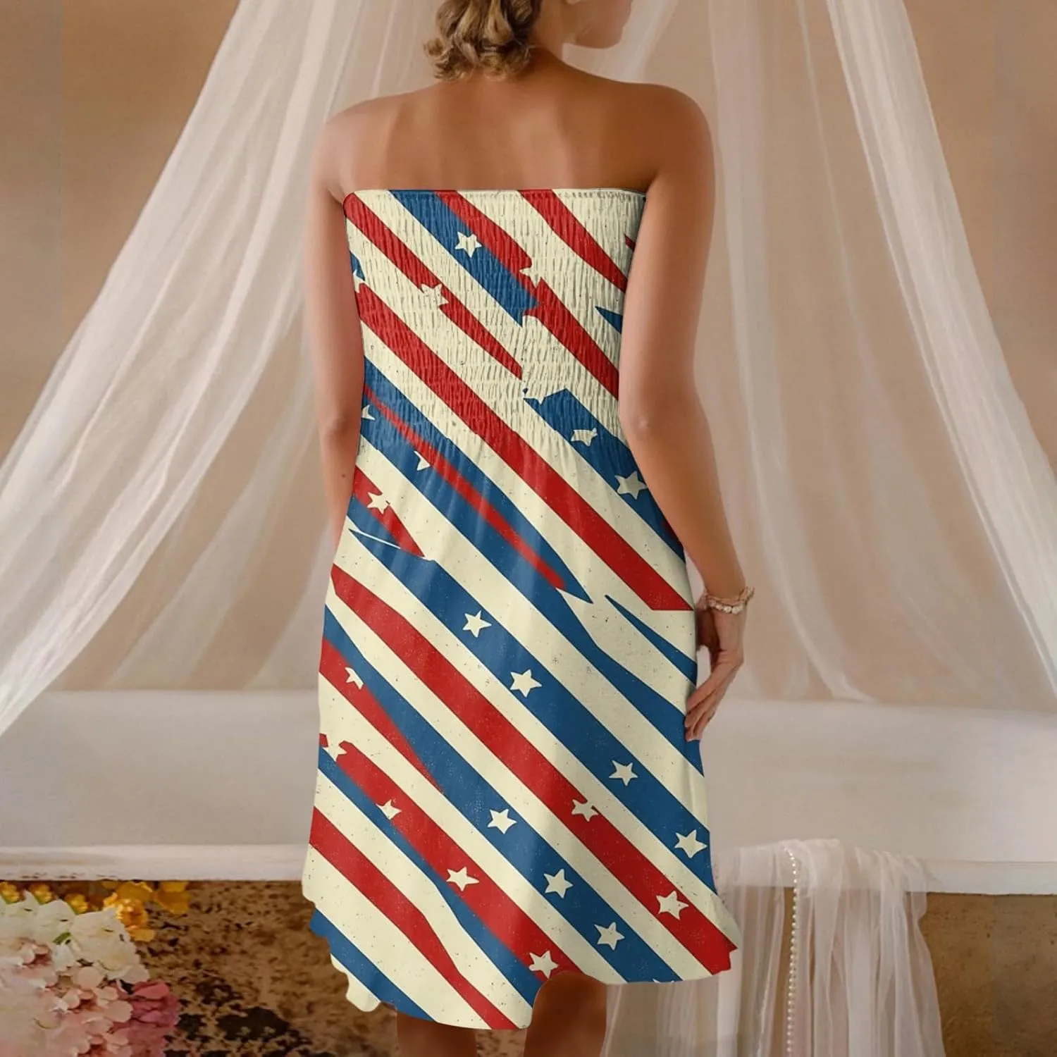 Women's 4th of July American Flag Printed Sheath Patriotic Dress Mini A-line Strapless Beach Sundress