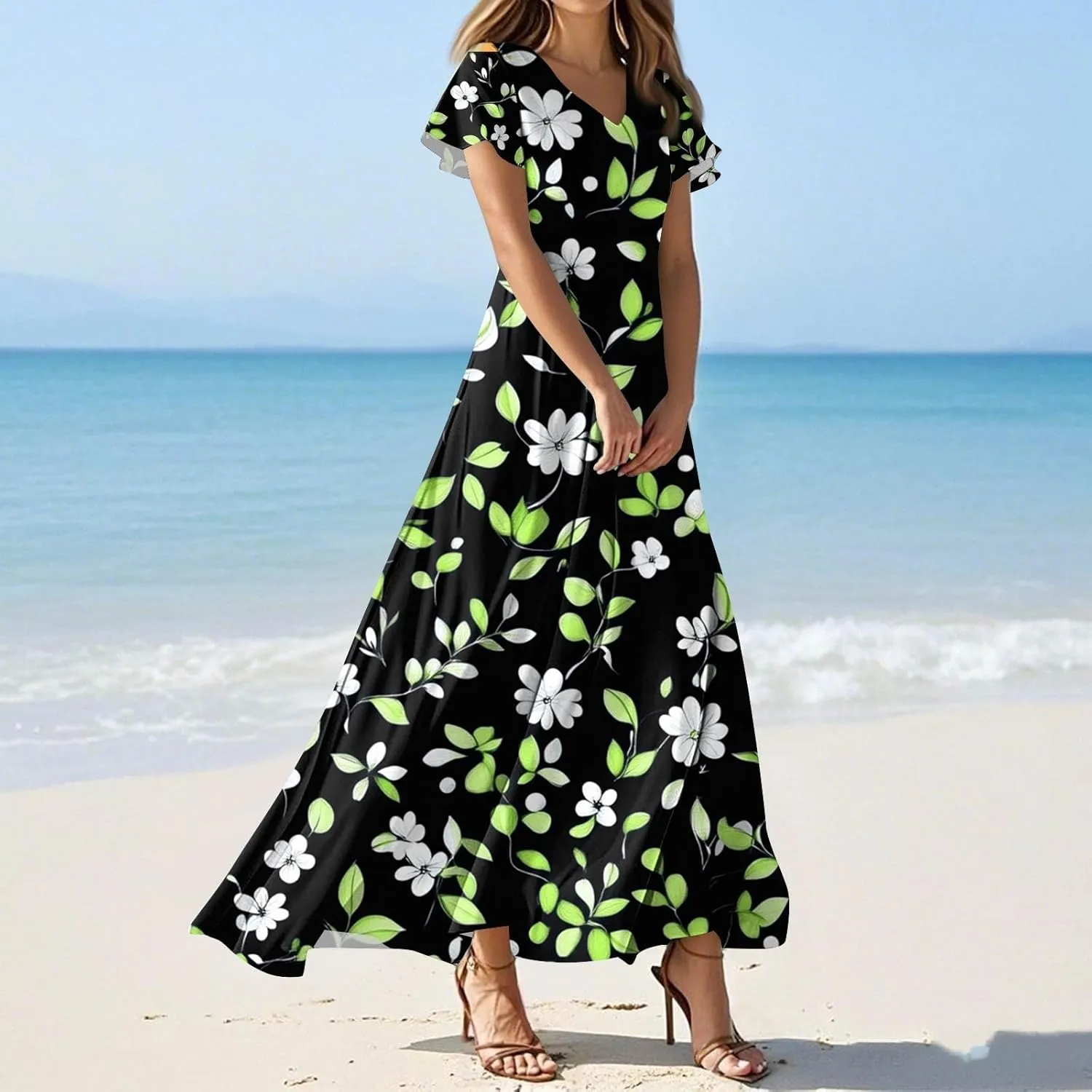 Women's Casual A-Line Dresses 2025 V Neck Short Sleeve Dress Empire Waist Boho Summer Sundress