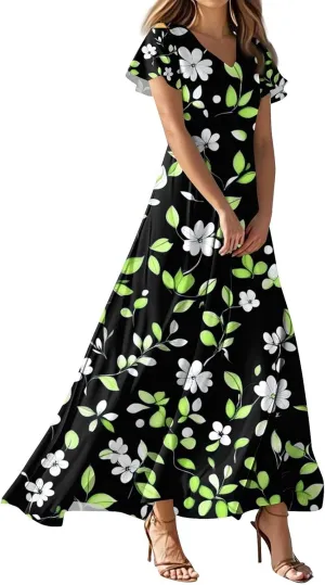 Women's Casual A-Line Dresses 2025 V Neck Short Sleeve Dress Empire Waist Boho Summer Sundress