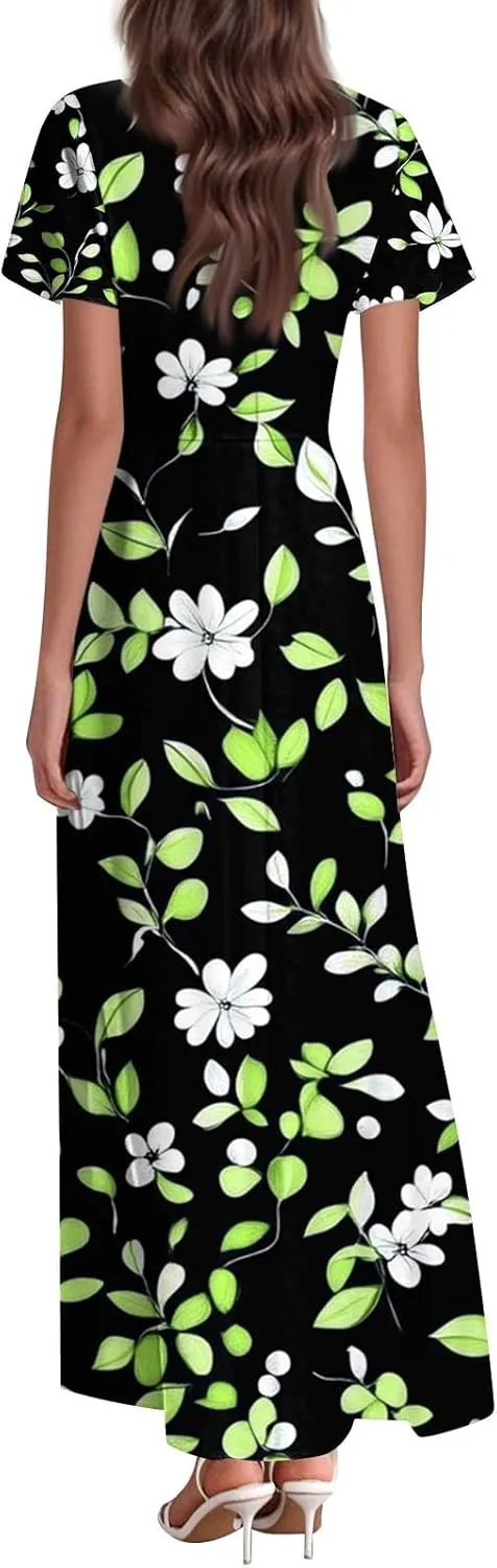 Women's Casual A-Line Dresses 2025 V Neck Short Sleeve Dress Empire Waist Boho Summer Sundress
