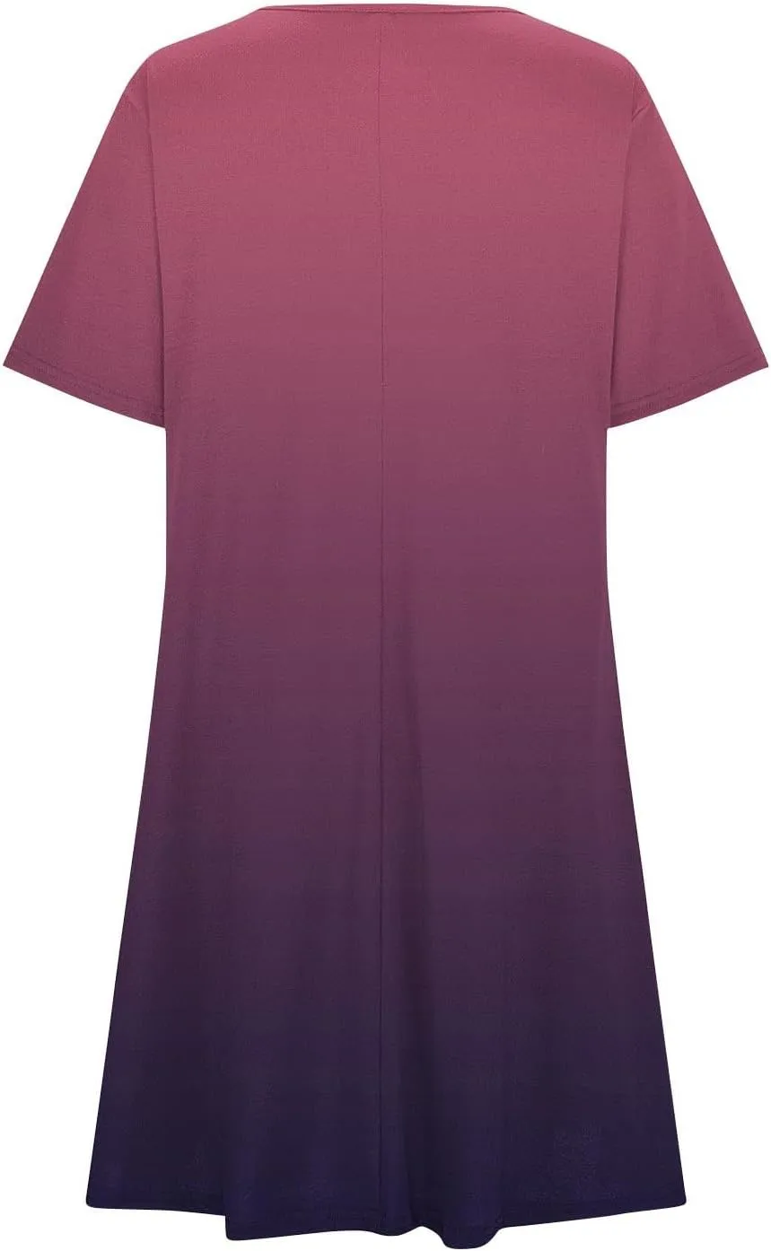 Women's Casual Simple T-Shirt Loose Dress Short Sleeve Ombre Dress Summer T-Shirt Sundress Gradient Swing Dresses
