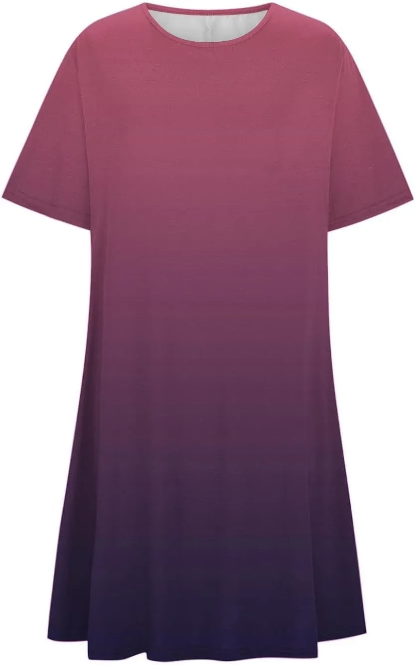 Women's Casual Simple T-Shirt Loose Dress Short Sleeve Ombre Dress Summer T-Shirt Sundress Gradient Swing Dresses