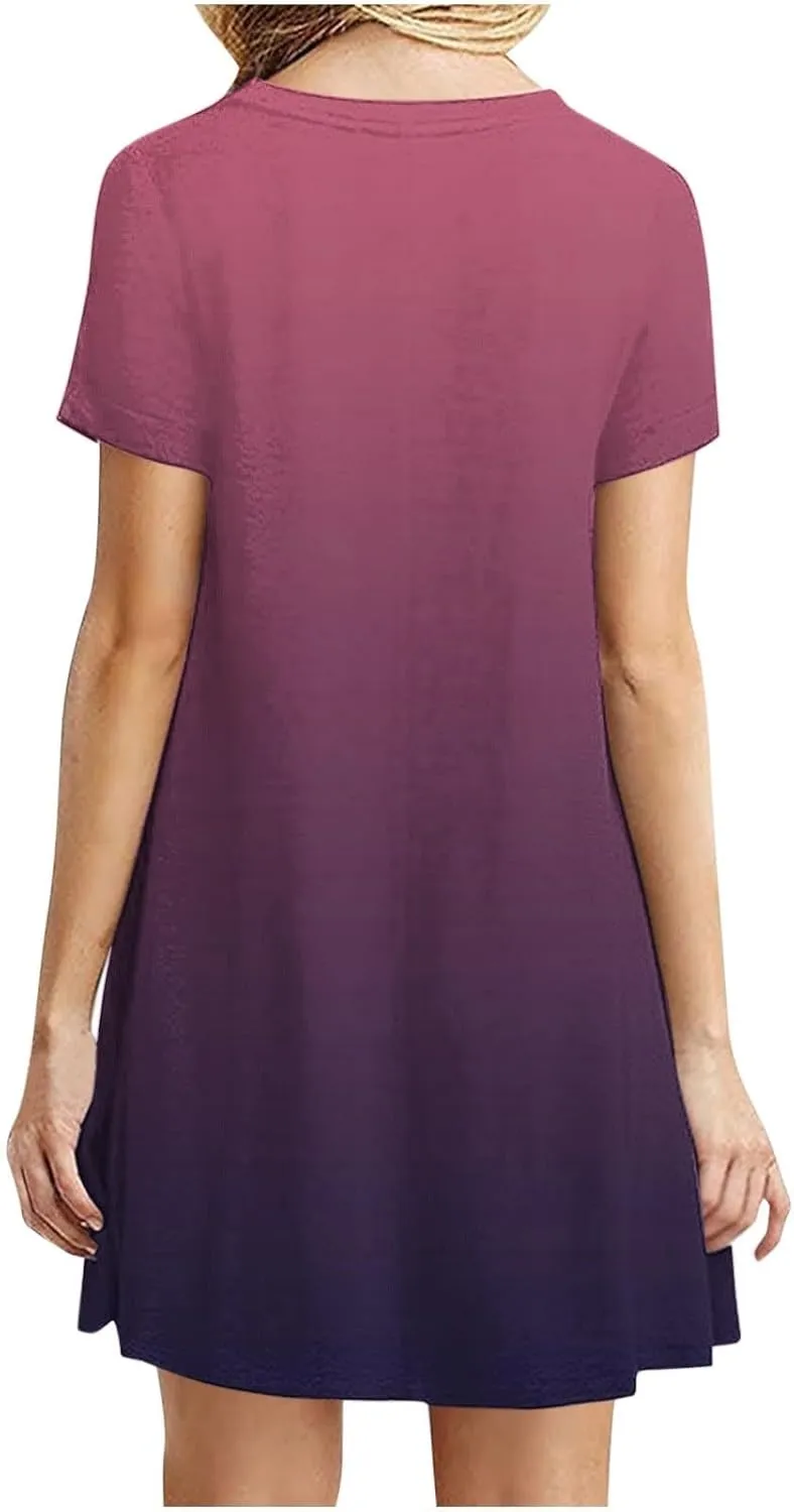 Women's Casual Simple T-Shirt Loose Dress Short Sleeve Ombre Dress Summer T-Shirt Sundress Gradient Swing Dresses
