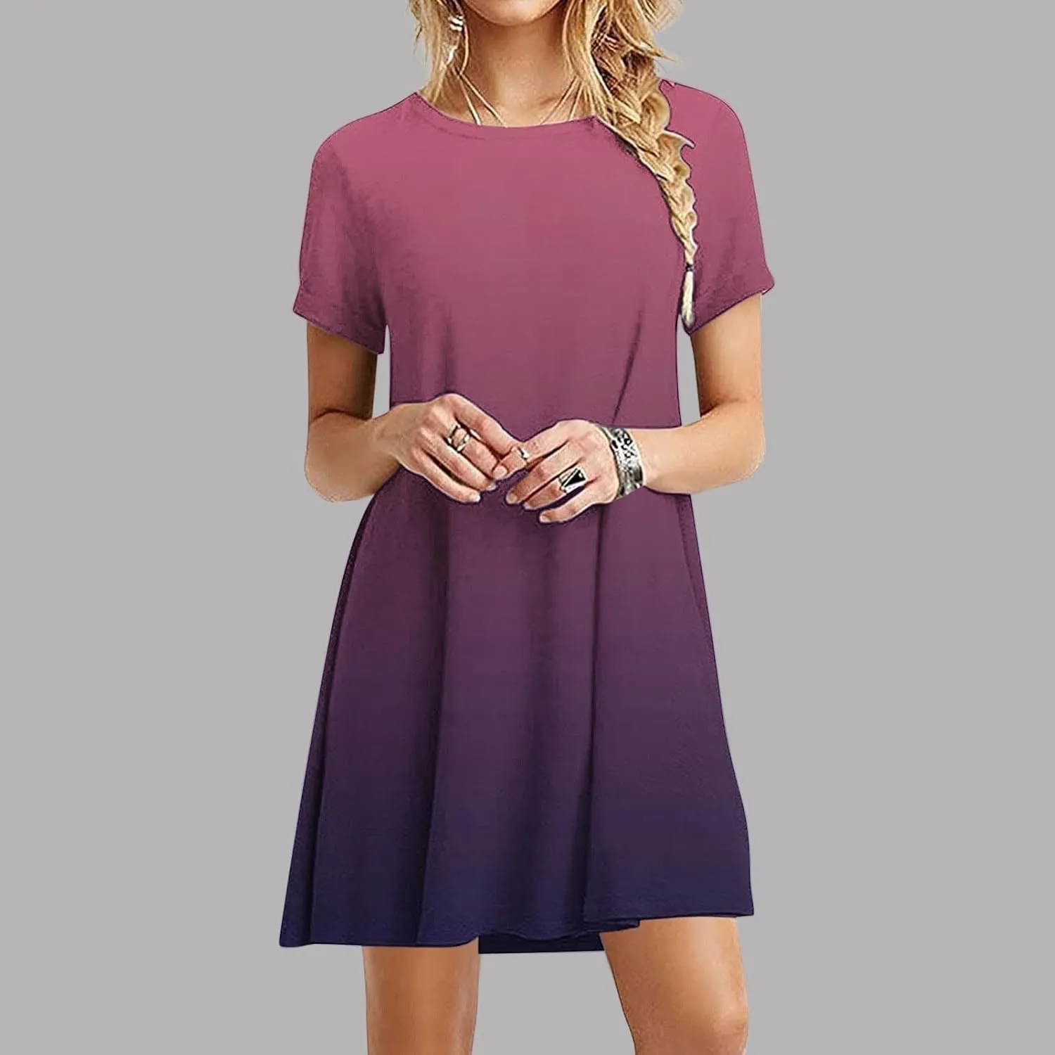 Women's Casual Simple T-Shirt Loose Dress Short Sleeve Ombre Dress Summer T-Shirt Sundress Gradient Swing Dresses