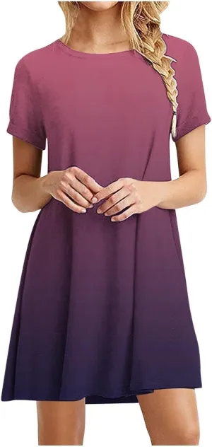 Women's Casual Simple T-Shirt Loose Dress Short Sleeve Ombre Dress Summer T-Shirt Sundress Gradient Swing Dresses