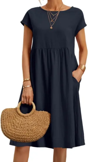 Womens Cotton Linen Dresses Crewneck Short Sleeve Midi Dress Summer A Line Flowy Beach Dresses with Pockets 2025