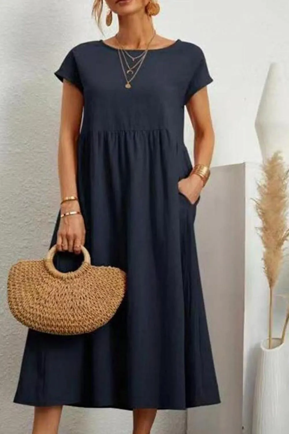Womens Cotton Linen Dresses Crewneck Short Sleeve Midi Dress Summer A Line Flowy Beach Dresses with Pockets 2025