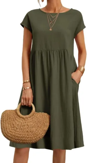 Womens Cotton Linen Dresses Crewneck Short Sleeve Midi Dress Summer A Line Flowy Beach Dresses with Pockets 2025