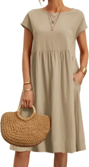 Womens Cotton Linen Dresses Crewneck Short Sleeve Midi Dress Summer A Line Flowy Beach Dresses with Pockets 2025