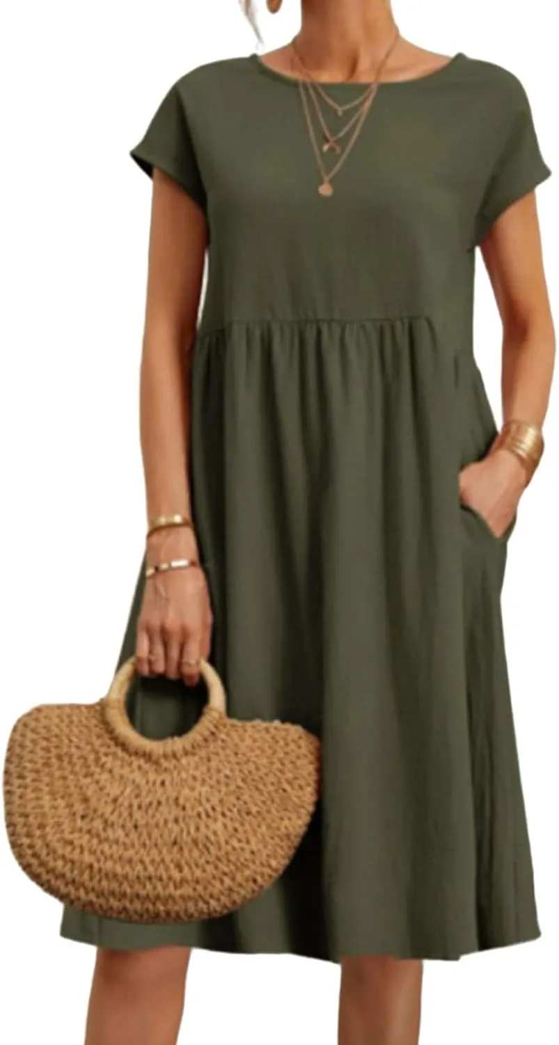 Womens Cotton Linen Dresses Crewneck Short Sleeve Midi Dress Summer A Line Flowy Beach Dresses with Pockets 2025