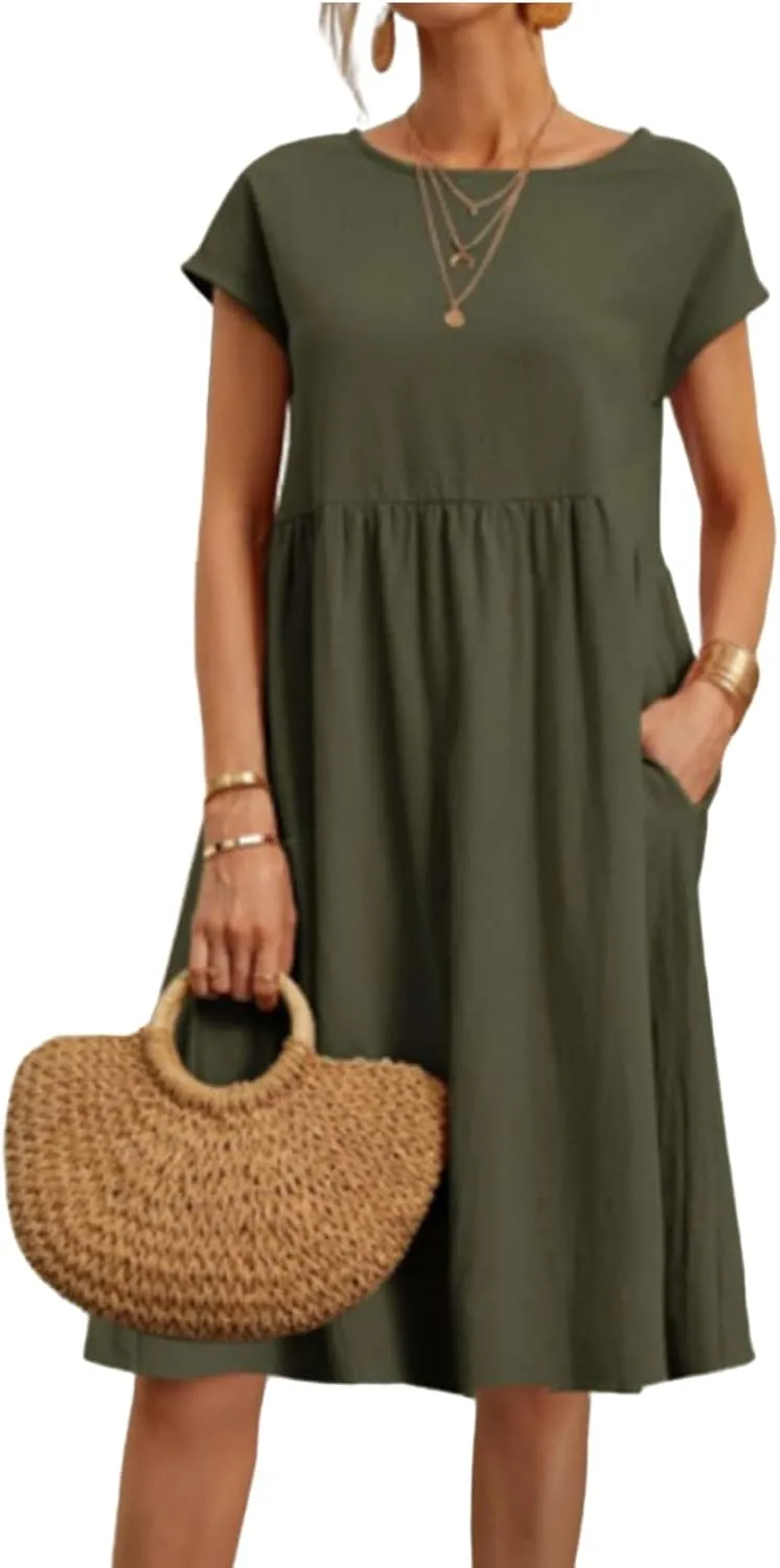 Womens Cotton Linen Dresses Crewneck Short Sleeve Midi Dress Summer A Line Flowy Beach Dresses with Pockets 2025