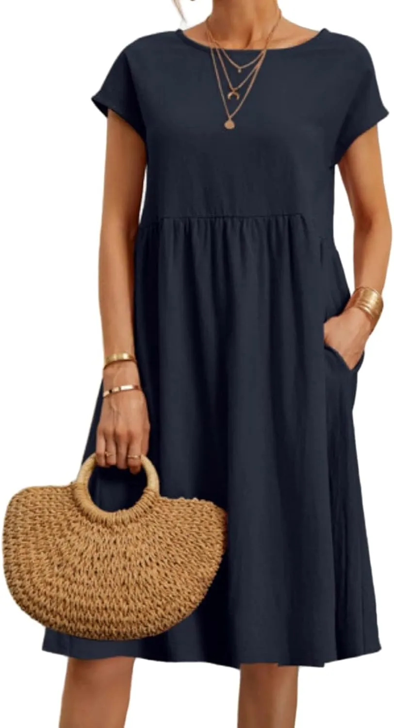 Womens Cotton Linen Dresses Crewneck Short Sleeve Midi Dress Summer A Line Flowy Beach Dresses with Pockets 2025