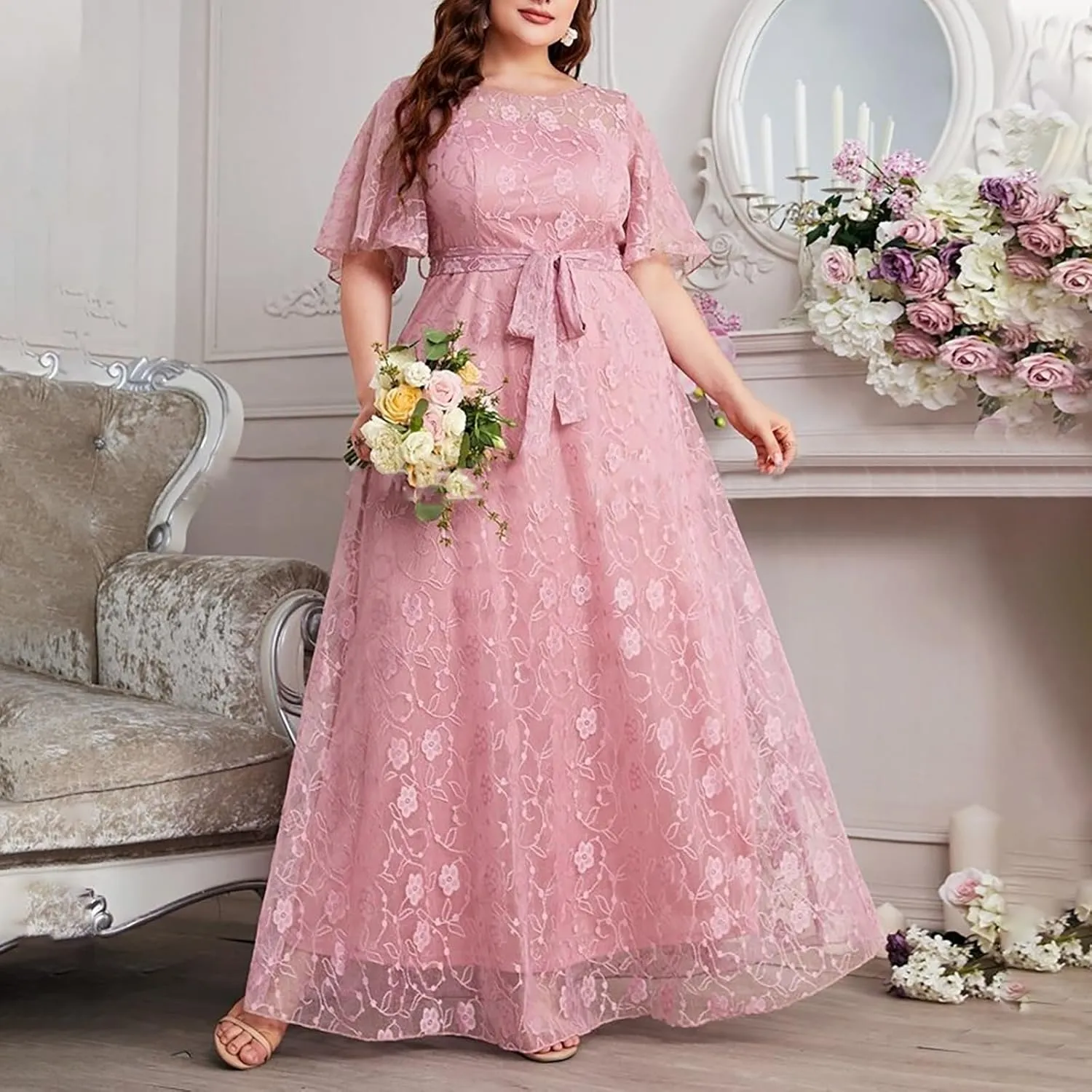 Women's Elegant Lace Dresses Plus Size Formal Dresses Cocktail Wedding Guest Prom Long Dress Bridesmaid Dress