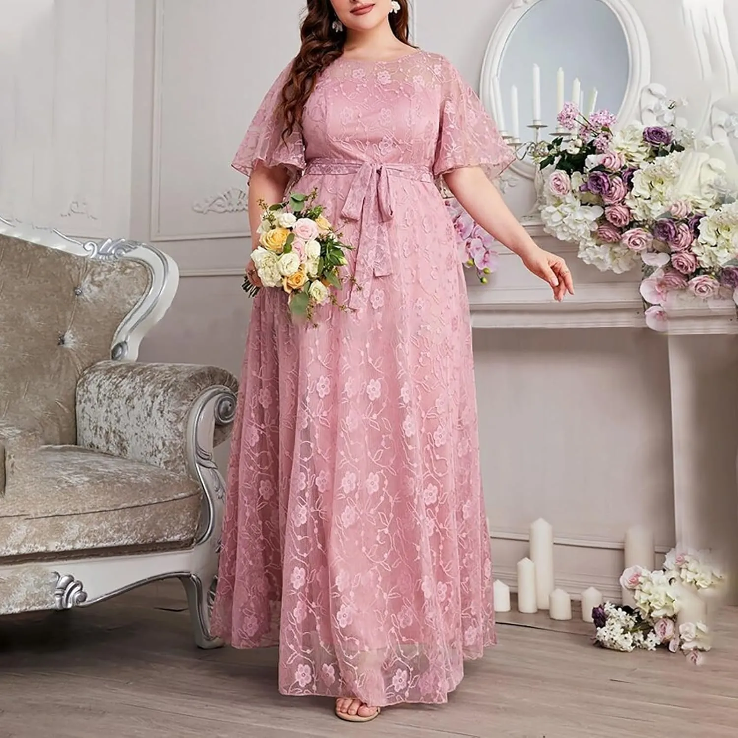 Women's Elegant Lace Dresses Plus Size Formal Dresses Cocktail Wedding Guest Prom Long Dress Bridesmaid Dress