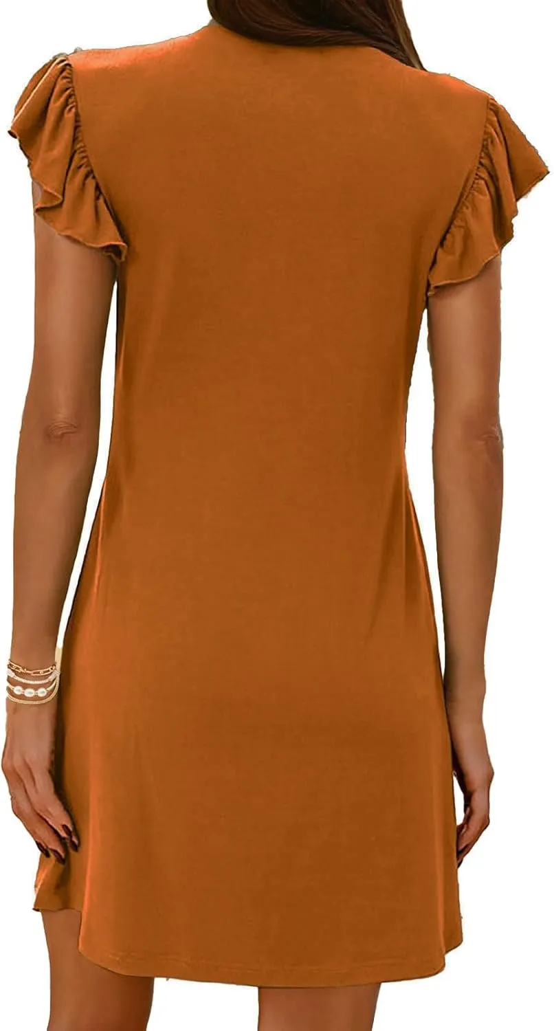 Womens Mini Dress Casual Ruffle Sleeveless V Neck Dresses Slim Fit Tunic Lounge Dresses Lightweight Comfy Sundress