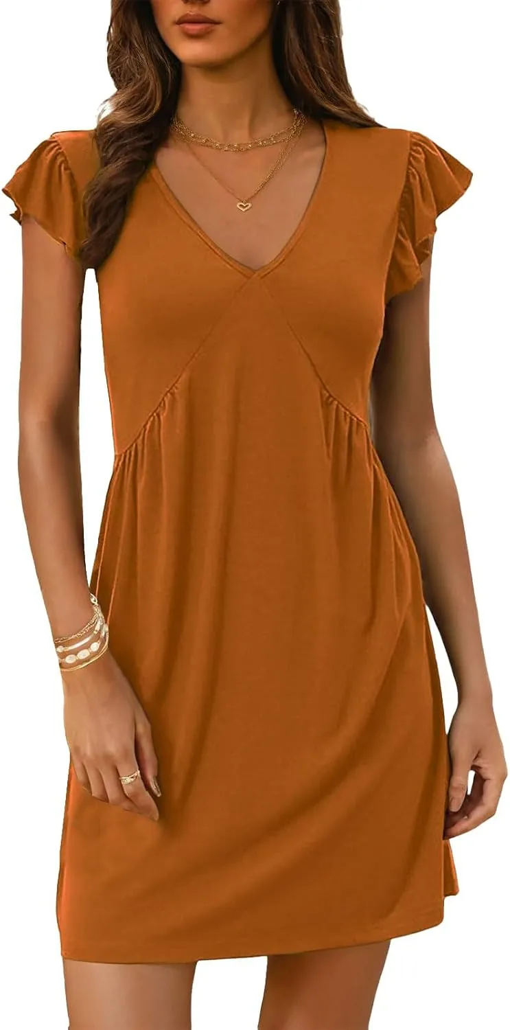 Womens Mini Dress Casual Ruffle Sleeveless V Neck Dresses Slim Fit Tunic Lounge Dresses Lightweight Comfy Sundress