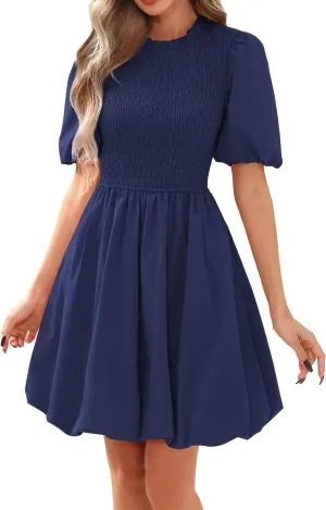 Womens Puff Sleeve Smocked Mini Dress 2025 Summer Crewneck Boho Flare Flowy A Line Ruffle Hem Dresses