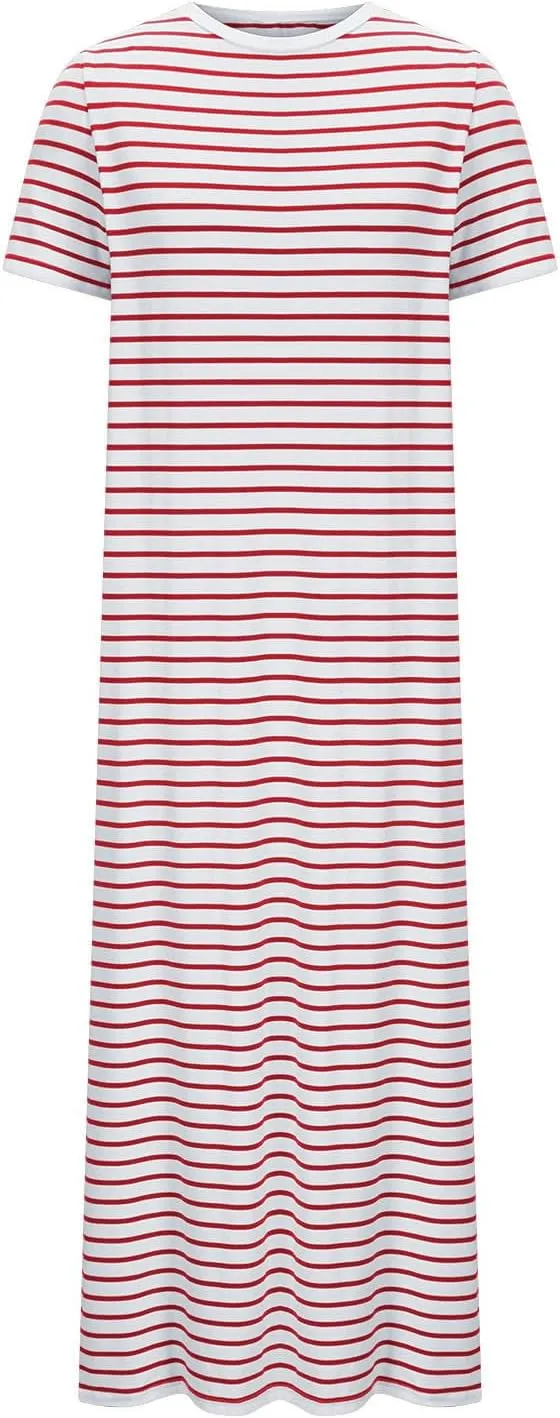 Womens Striped Summer Dress Short Sleeve T Shirt Dress Casual Midi Dresses Side Split Sundress Beach Vacation Outfits