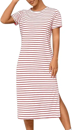 Womens Striped Summer Dress Short Sleeve T Shirt Dress Casual Midi Dresses Side Split Sundress Beach Vacation Outfits