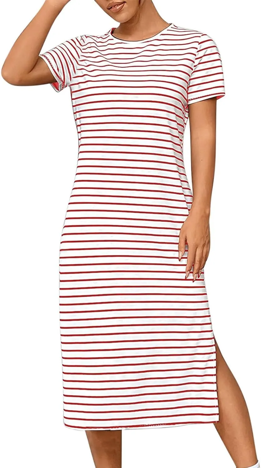 Womens Striped Summer Dress Short Sleeve T Shirt Dress Casual Midi Dresses Side Split Sundress Beach Vacation Outfits