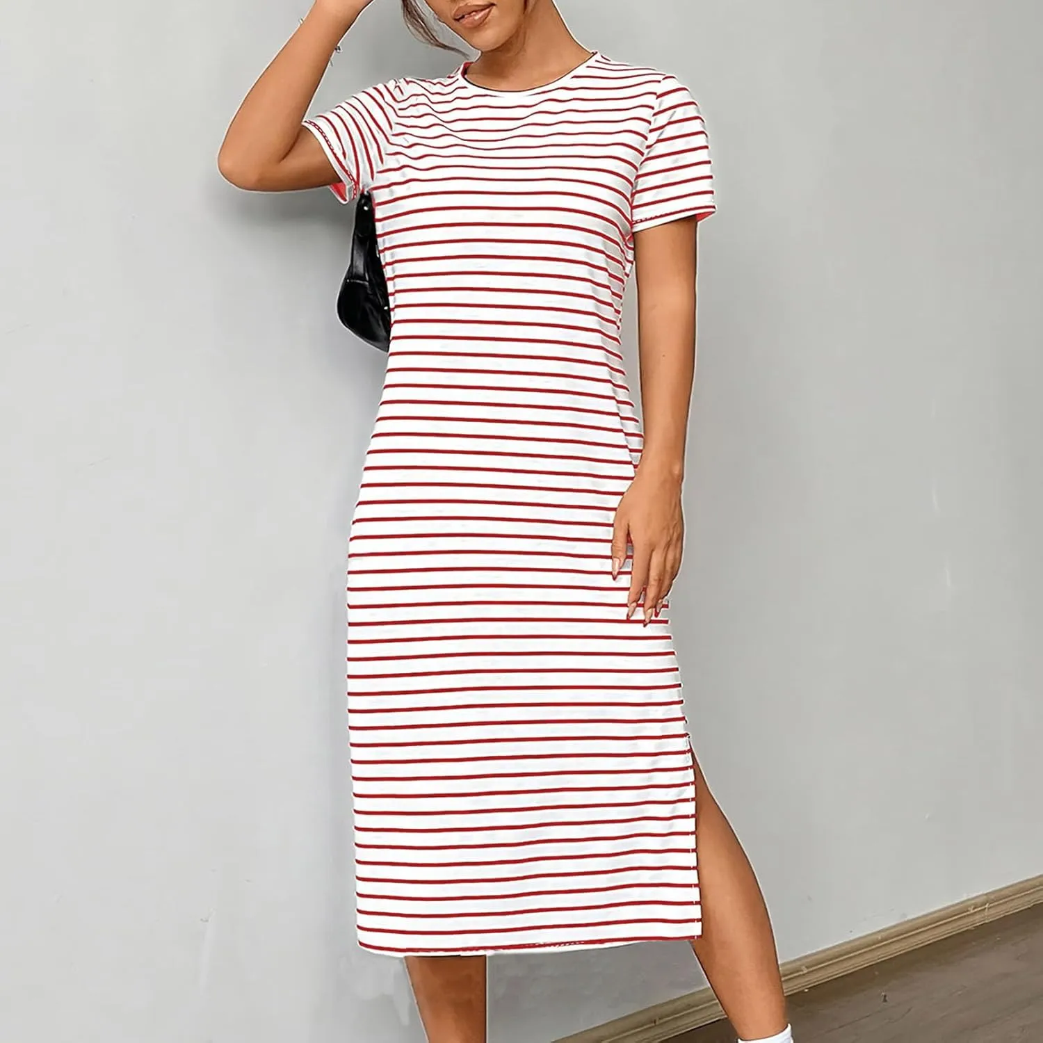 Womens Striped Summer Dress Short Sleeve T Shirt Dress Casual Midi Dresses Side Split Sundress Beach Vacation Outfits