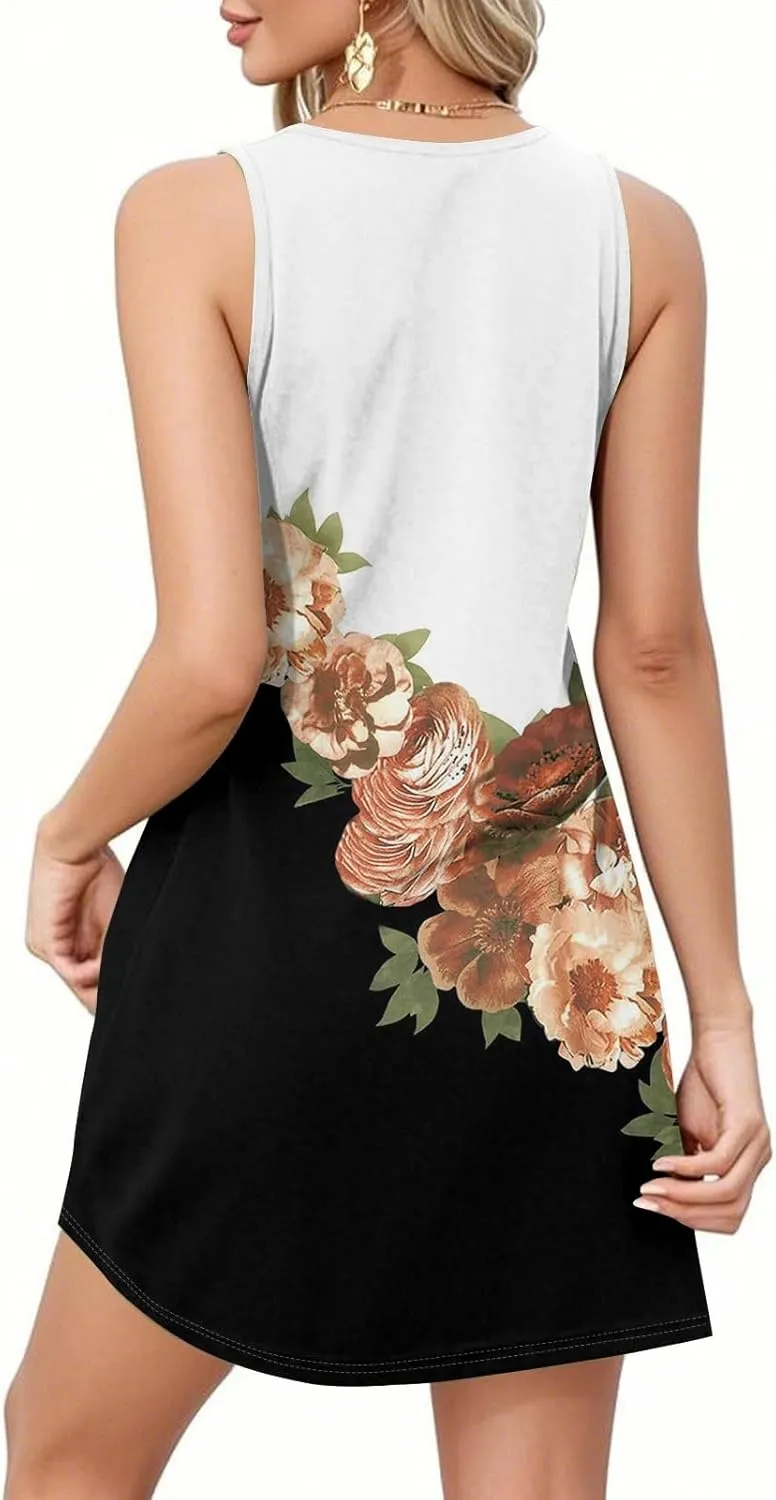 Women's Summer Casual Square Neck Gradient Color Sleeveless Pleated Summer Beach Tank Dress with Pockets