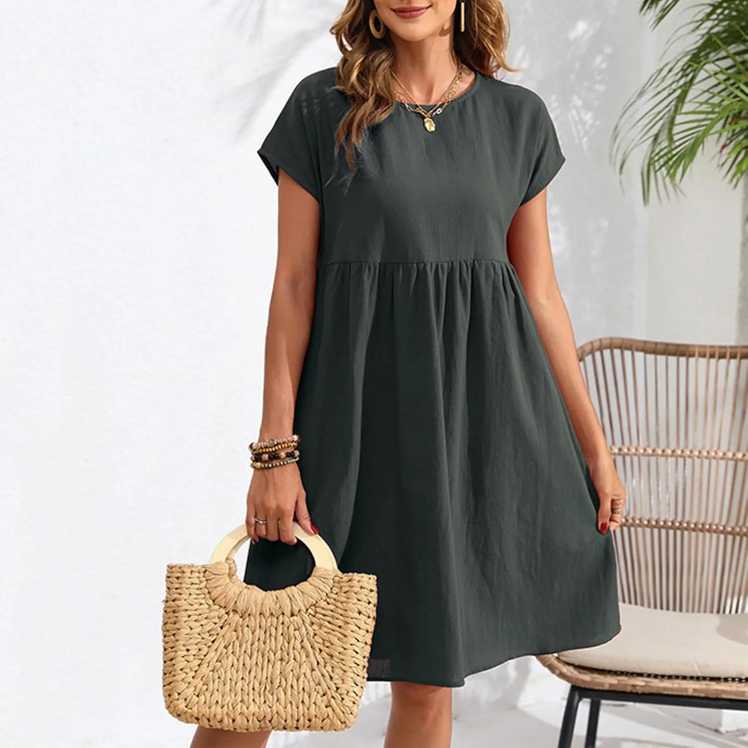 Womens Summer Cotton Linen Dress Casual Mid Length Short Sleeve Fashion 2025 Round Neck A Line Flowy Swing Short Dress