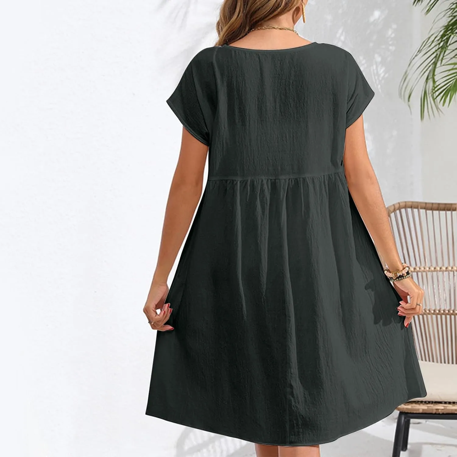 Womens Summer Cotton Linen Dress Casual Mid Length Short Sleeve Fashion 2025 Round Neck A Line Flowy Swing Short Dress