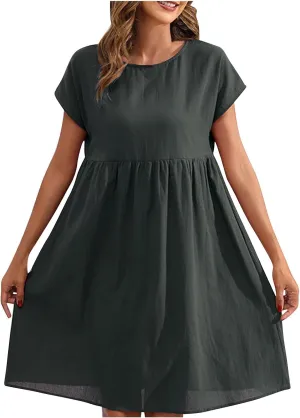 Womens Summer Cotton Linen Dress Casual Mid Length Short Sleeve Fashion 2025 Round Neck A Line Flowy Swing Short Dress