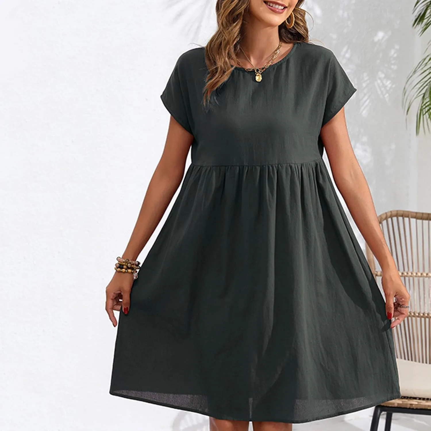 Womens Summer Cotton Linen Dress Casual Mid Length Short Sleeve Fashion 2025 Round Neck A Line Flowy Swing Short Dress
