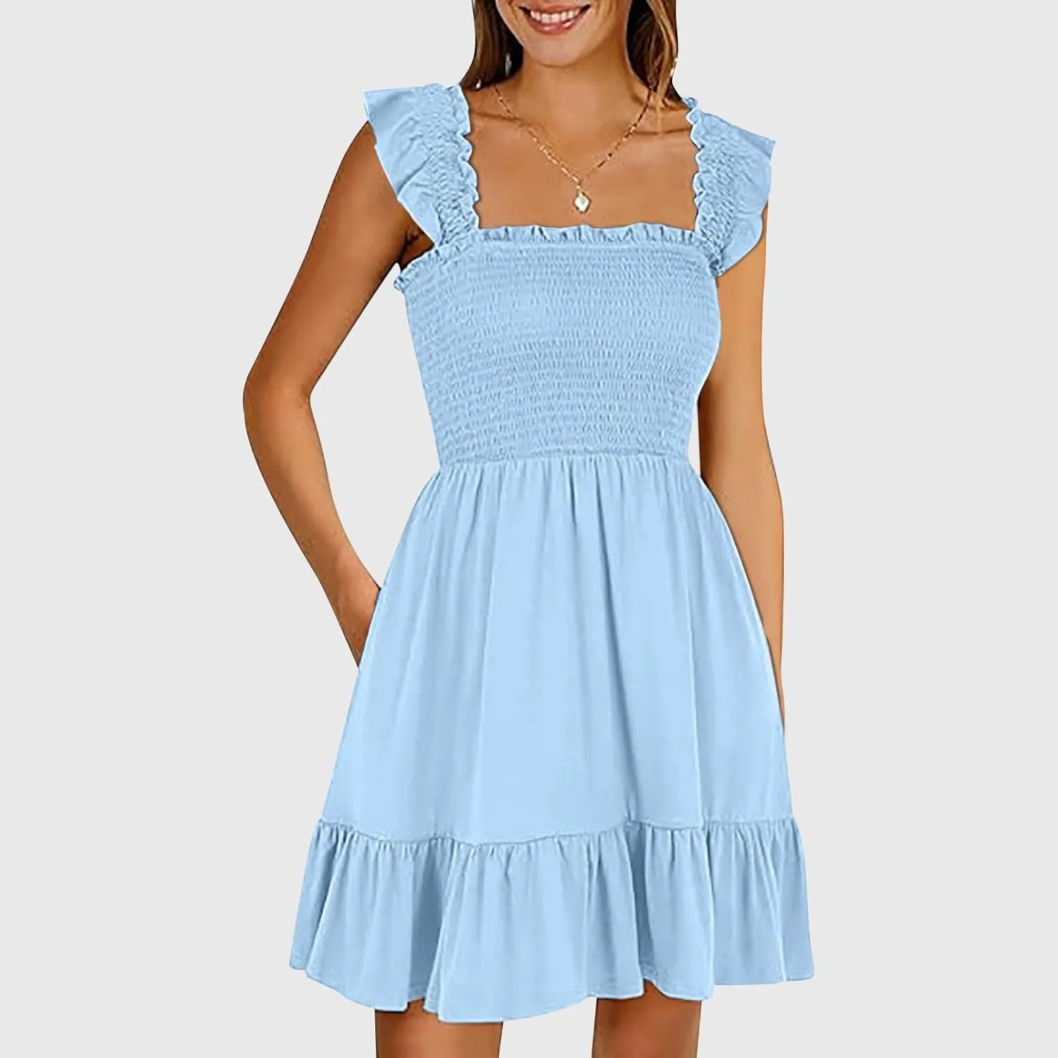 Womens Summer Ruffle Dresses Elastic Empire Waist Smocked A-line Layered Swing Flowy Mini Dress Bodydoll Sundress
