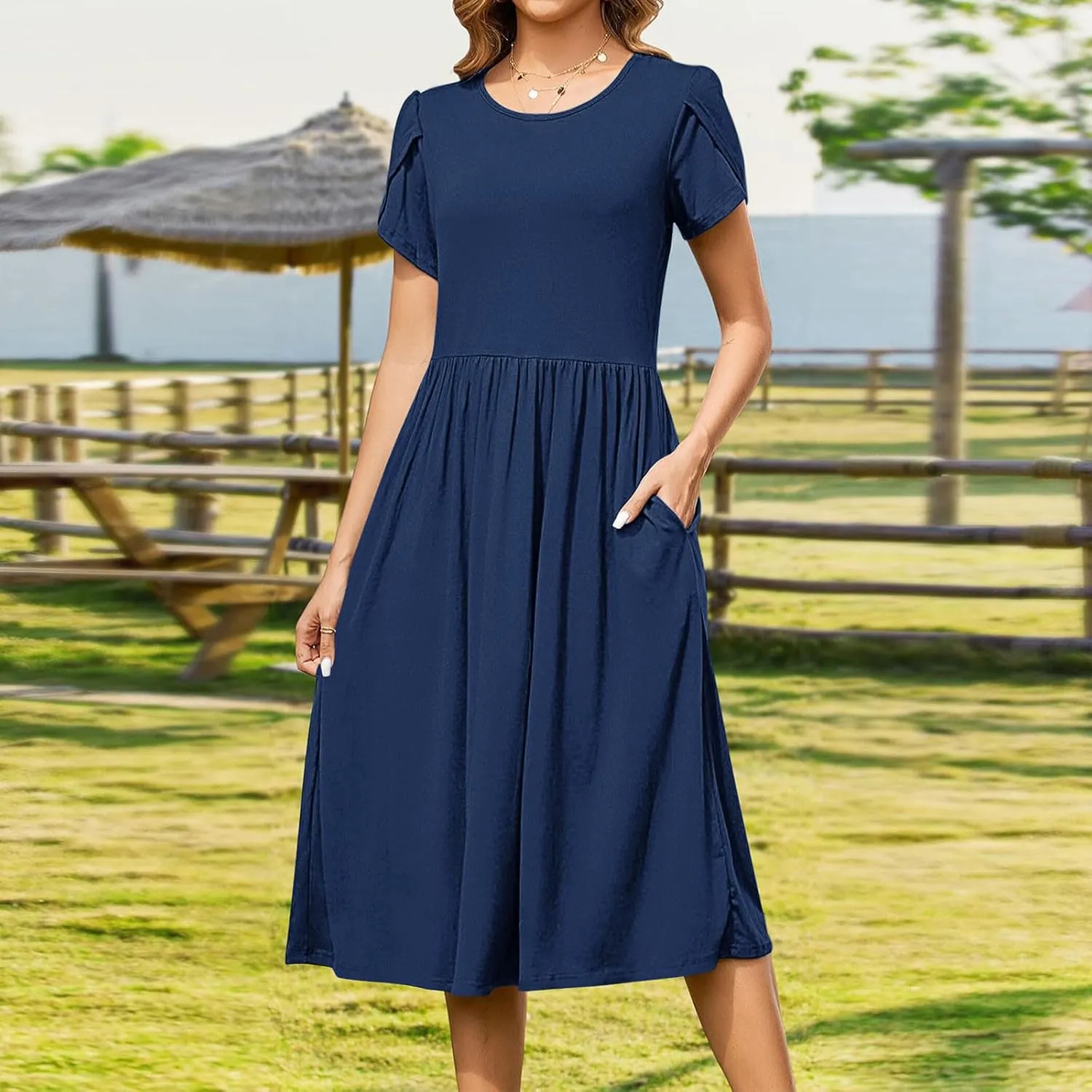Women's Summer Short Sleeve A-Line Midi Dresses Casual Crewneck T-Shirt Dresses Flowy Beach Sundress with Pockets