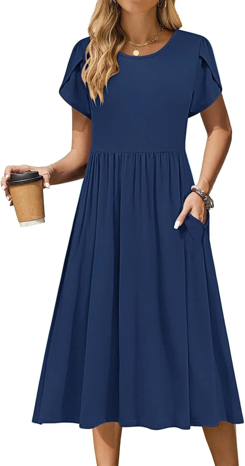 Women's Summer Short Sleeve A-Line Midi Dresses Casual Crewneck T-Shirt Dresses Flowy Beach Sundress with Pockets