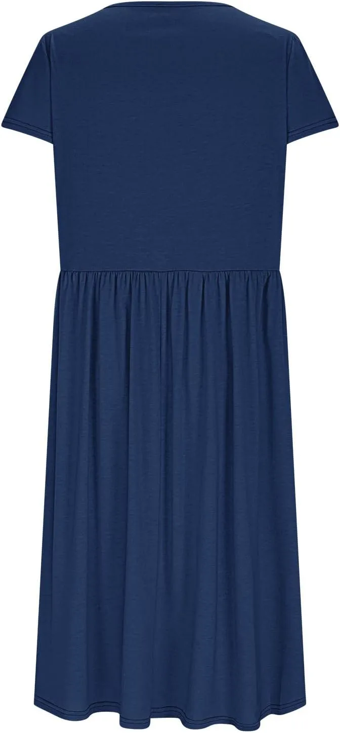 Women's Summer Short Sleeve A-Line Midi Dresses Casual Crewneck T-Shirt Dresses Flowy Beach Sundress with Pockets