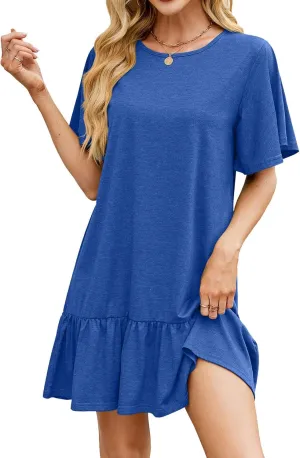 Womens Summer T Shirt Dress Ruffle Hem Casual Short Sleeve Crewneck Dresses Loose Fit Vacation Mini Dresses