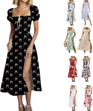 Women's Sundresses 2025 Summer Casual Loose Trendy Bubble Sleeve Square Neck Split Bow Floral Print Dress Plus Size, XS-3XL Women's Sundresses 2025 Summer Casual Loose Trendy Bubble Sleeve Square Neck Split Bow Floral Print Dress Plus Size, XS-3XL