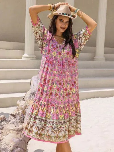 Your New Favorite Printed V-Neck Balloon Sleeve Midi Dress