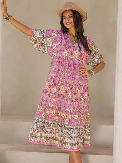 Your New Favorite Printed V-Neck Balloon Sleeve Midi Dress