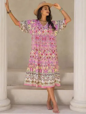Your New Favorite Printed V-Neck Balloon Sleeve Midi Dress
