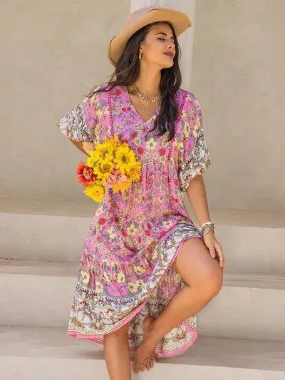 Your New Favorite Printed V-Neck Balloon Sleeve Midi Dress