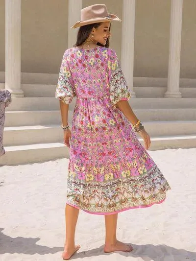 Your New Favorite Printed V-Neck Balloon Sleeve Midi Dress